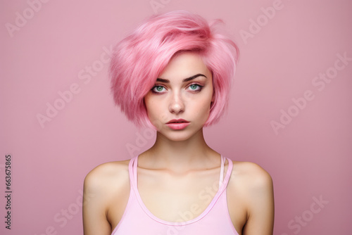 Young pink haired woman on a clean background