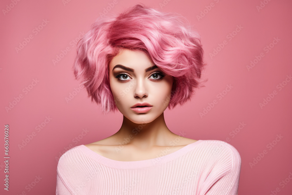 Young pink haired woman on a clean background Young pink haired woman on a clean background