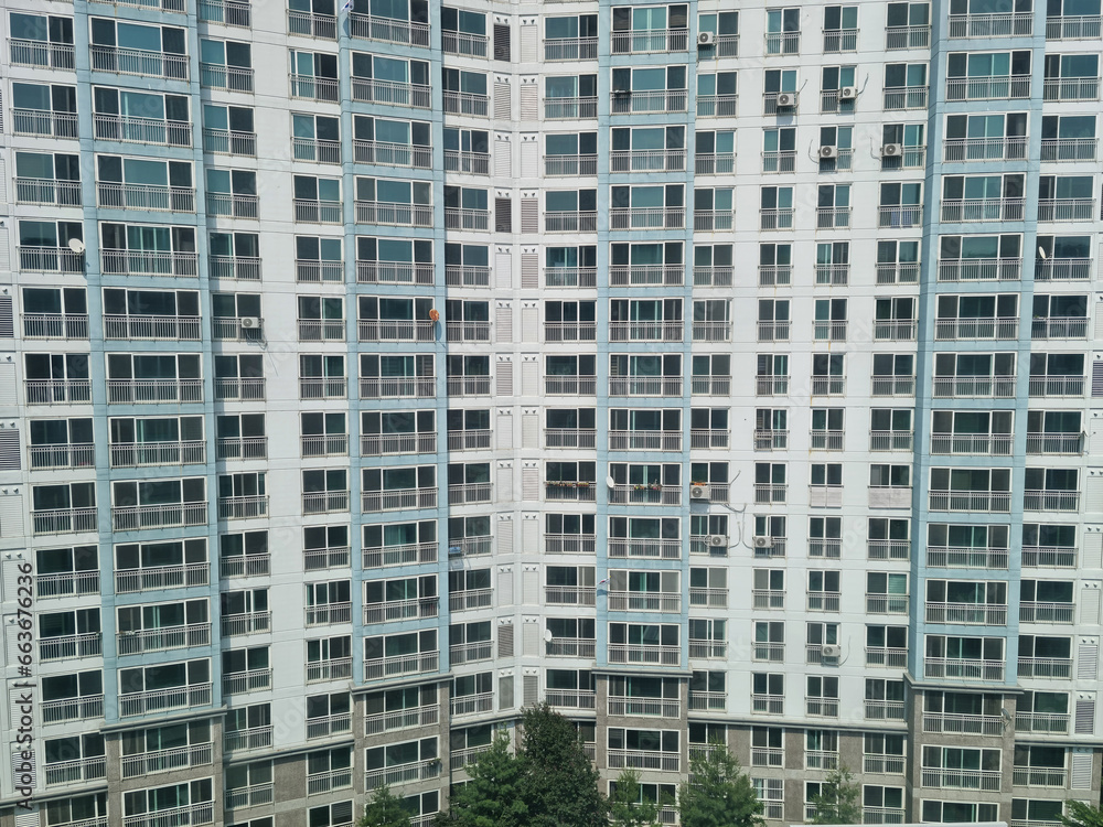 Close-up of an apartment full of windows.