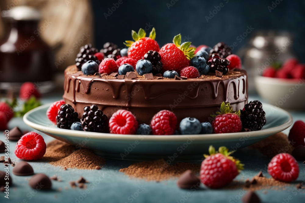 Indulge in a 3D dessert that combines the sweetness of chocolate with the tartness of berries, all rendered in a realistic and mouth-watering style Indulge in a 3D dessert that combines the sweetness of chocolate with the tartness of berries, all rendered in a realistic and mouth-watering style