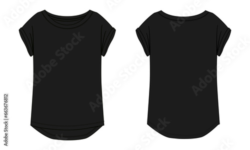 Short sleeve t shirt technical drawing fashion flat sketch vector illustration black color template for ladies