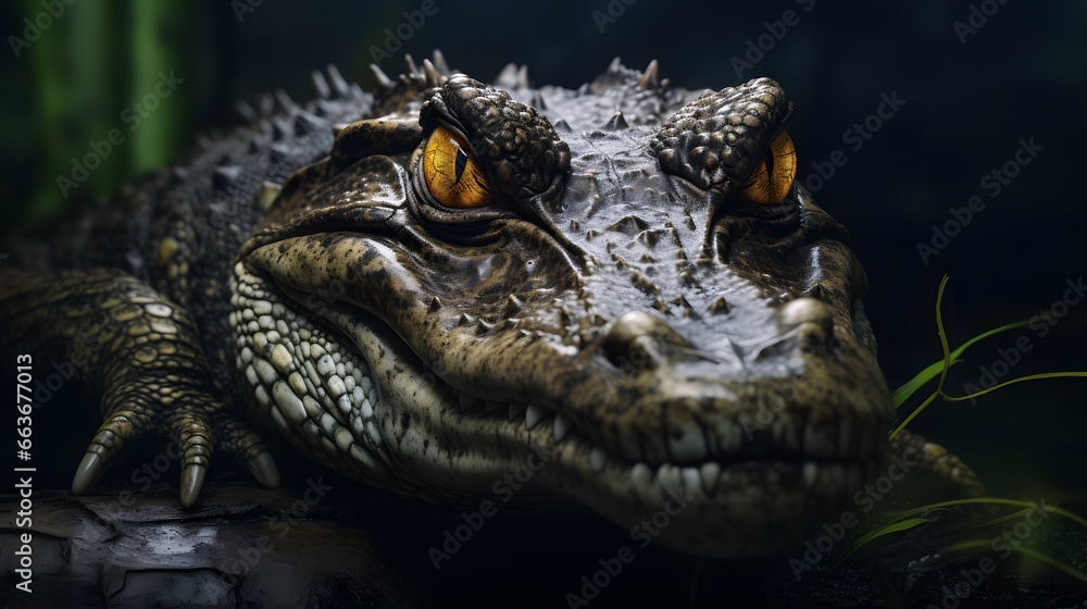 Fototapeta premium portrait of a crocodile with piercing eyes in a dark background