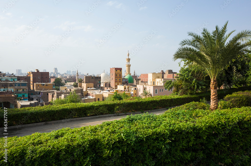 Cairo city view from green Al Azhar Park, Egypt