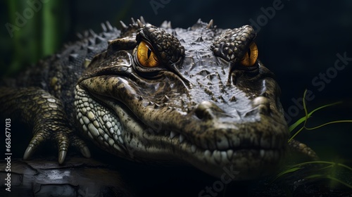 portrait of a crocodile with piercing eyes in a dark background