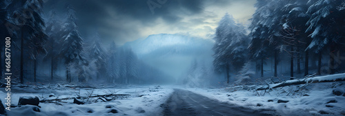 Winter Wonderland  Serene snowy road through a deserted forest