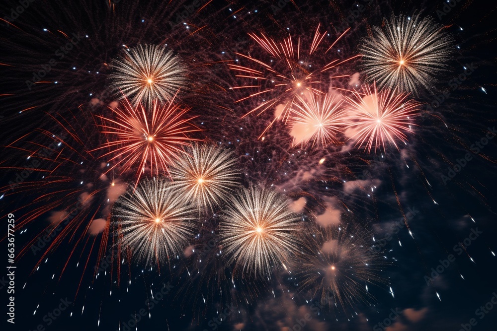 Naklejka premium Colorful fireworks light up the sky at New Year's celebrations.