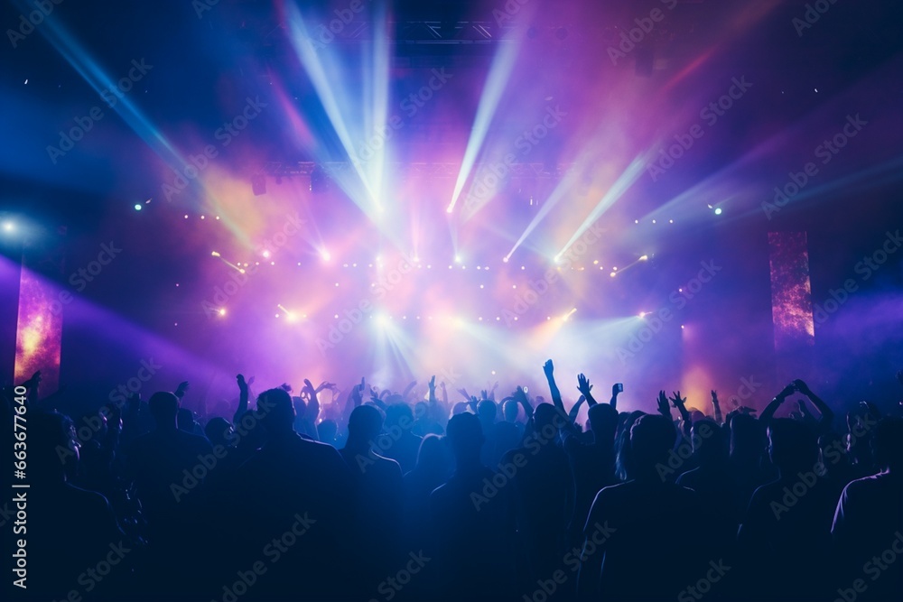 Rear view of the crowd of people at a party at a concert stage at a music festival Rear view of the crowd of people at a party at a concert stage at a music festival
