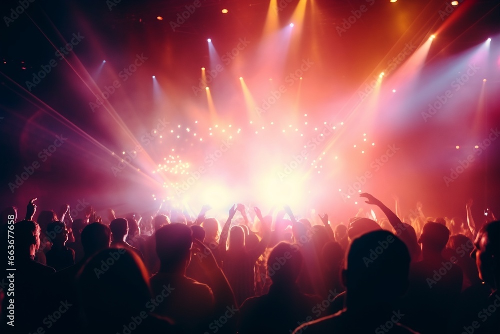 Rear view of the crowd of people at a party at a concert stage at a music festival Rear view of the crowd of people at a party at a concert stage at a music festival