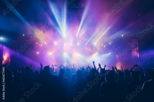 Rear view of  the crowd of people at a party at a concert stage at a music festival