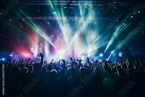 Rear view of  the crowd of people at a party at a concert stage at a music festival photo