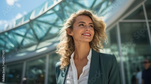 Close up portrait of young attractive businesswoman wearing smart clothes and smiling and looking absolutely happy posing outdoors city the background.