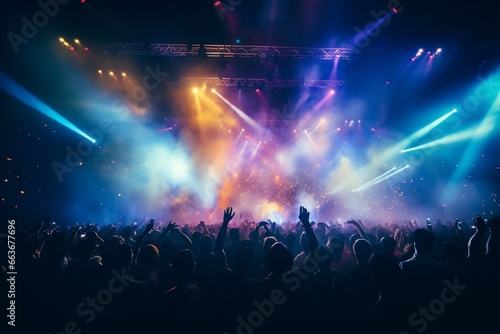 Rear view of  the crowd of people at a party at a concert stage at a music festival © Viewvie