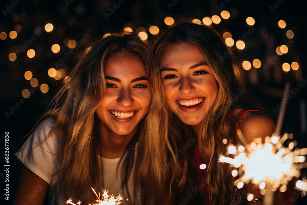 Group of happy friends playing fireworks and celebrating in restaurant at night