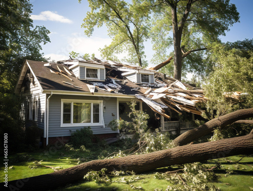 A fallen tree lands on a house roof amid a storm, potentially resulting in insurance claims.