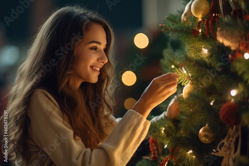 Beautiful woman decorates the Christmas tree with Christmas balls and decorations, celebrates New Year at home.