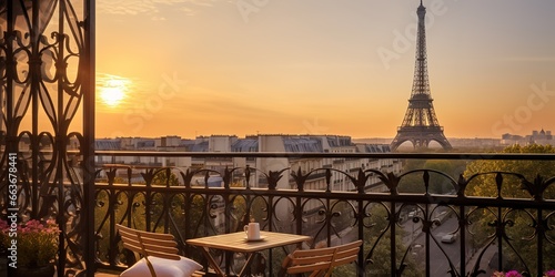 illustration of the view of the Eiffel Tower from the balcony where there is a table and sofa © candra