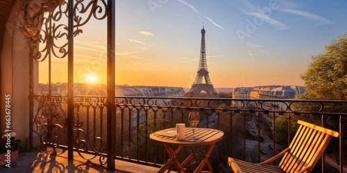 illustration of the view of the Eiffel Tower from the balcony where there is a table and sofa © candra