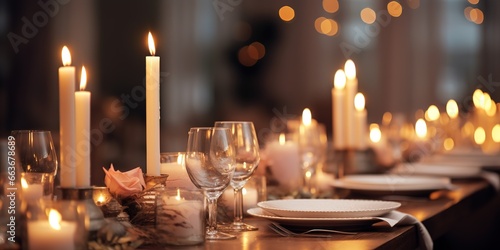 party dining table decoration with burning candles