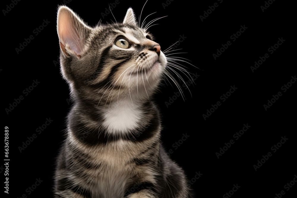 Adorable black tabby with white stray kitten, sitting backwards on edge and looking away sideways, isolated on transparent background. Generative AI