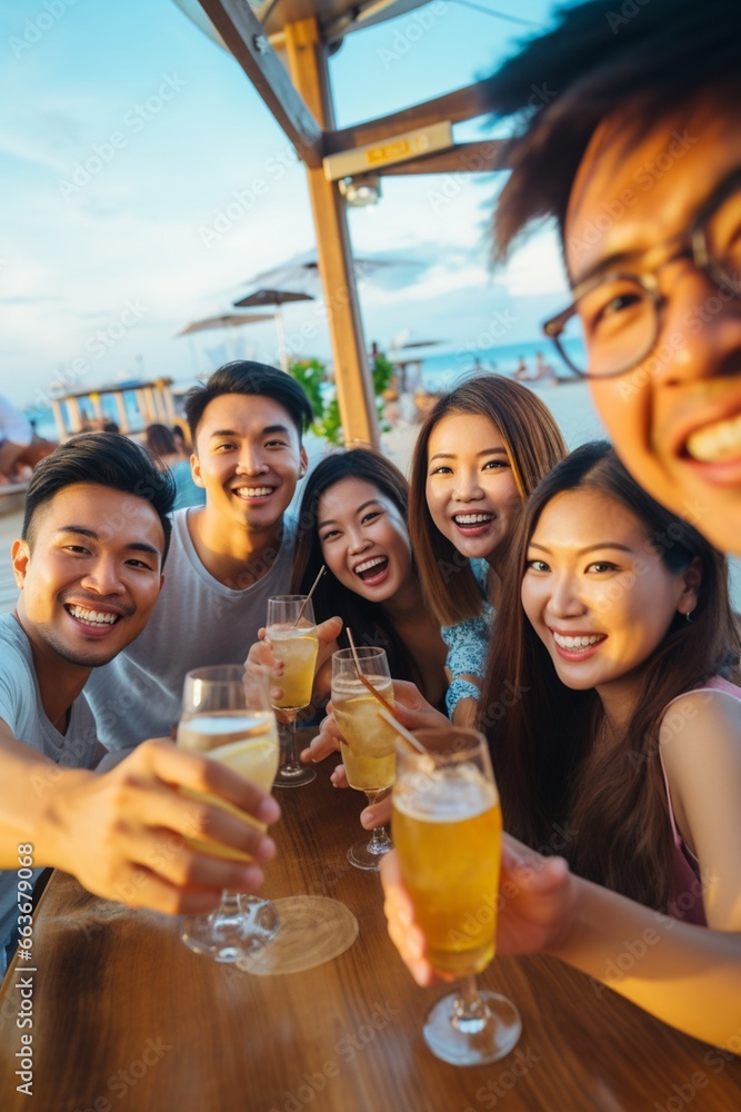 Group of happy friends enjoying cocktails at beach party Travel and summer vacation concept. Group of happy friends enjoying cocktails at beach party Travel and summer vacation concept.
