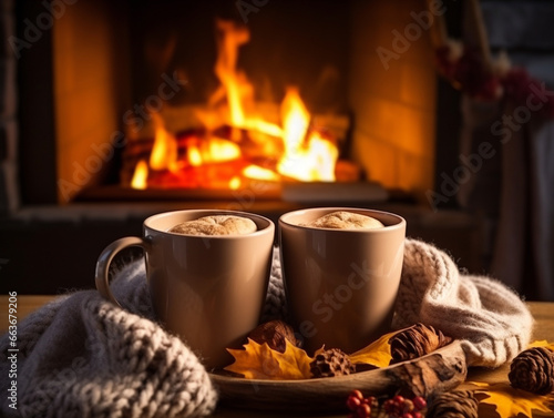 Two mugs sit on a coffee table next to a cozy fireplace in an autumn atmosphere.