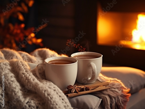 Two mugs of coffee sit on a cozy autumn morning beside a warm fireplace.