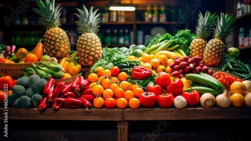 Fruit market with various colorful fresh fruits and vegetables