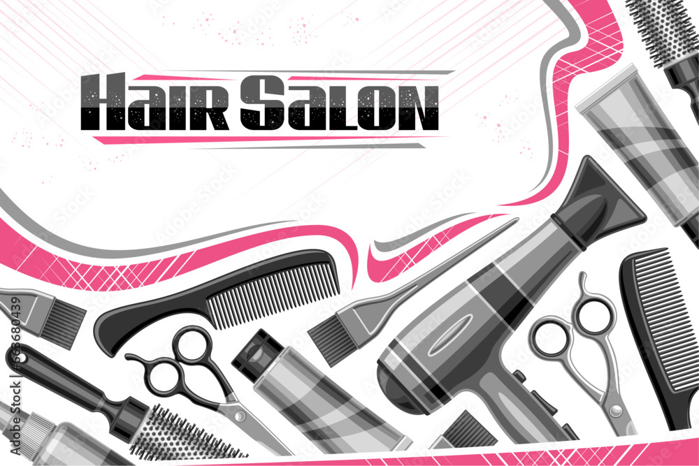 Naklejka premium Vector template for Hair Salon with blank copy space for text, decorative ad coupon with illustration of variety hair stylist equipment, metal beauty tools for female hair salon on white background