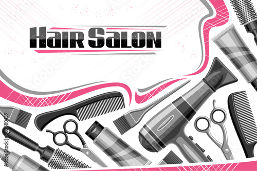 Vector template for Hair Salon with blank copy space for text, decorative ad coupon with illustration of variety hair stylist equipment, metal beauty tools for female hair salon on white background