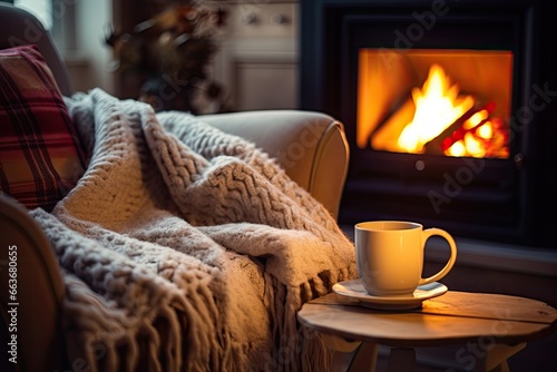cozy christmas hot chocolate mug next to a fireplace