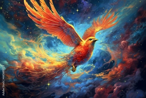 A vibrant bird perched amidst a celestial expanse of clouds and stars, accompanied by dazzling star clusters. Generative AI photo