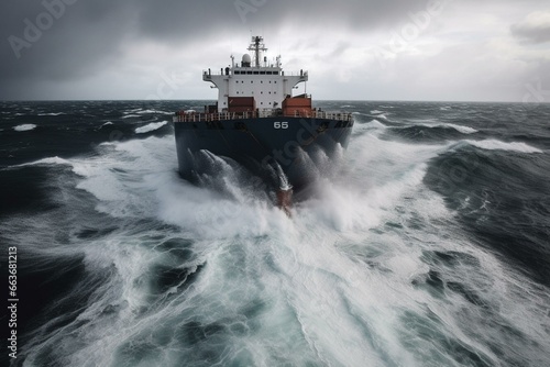 A large ship navigates through a turbulent sea. Generative AI