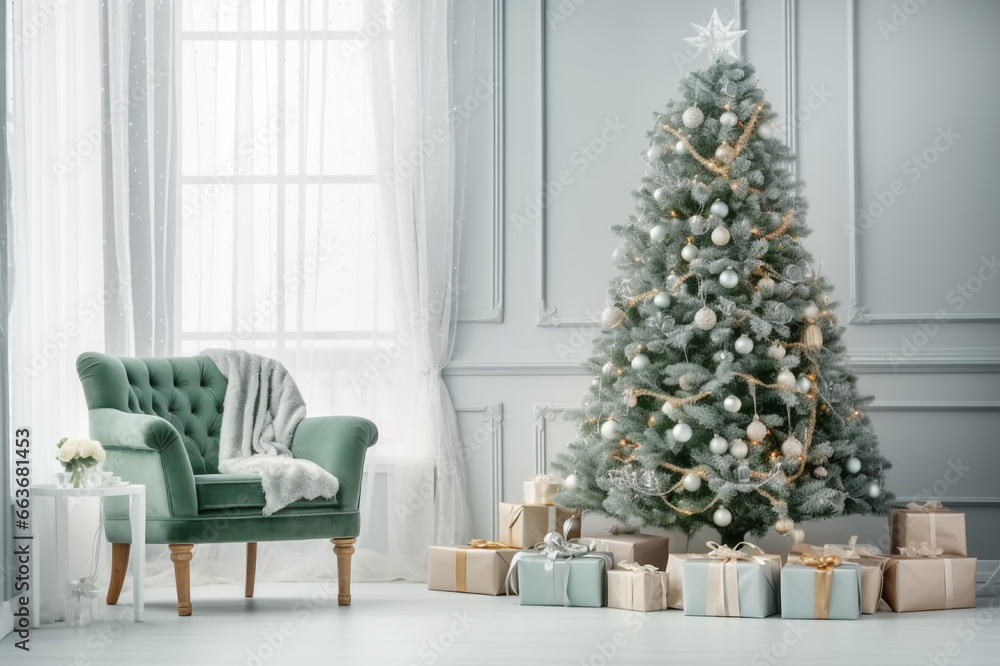 Christmas tree in front of a white wall,  place for text