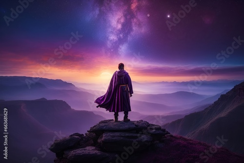 silhouette of a person on the top of mountain staring the purple sunset 