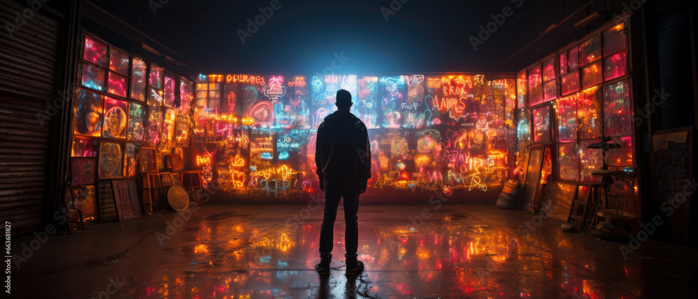 Man looking at the colorful graffiti on the wall in the dark room - obrazy, fototapety, plakaty 