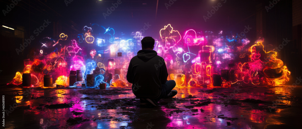 Man looking at the colorful graffiti on the wall in the dark room.