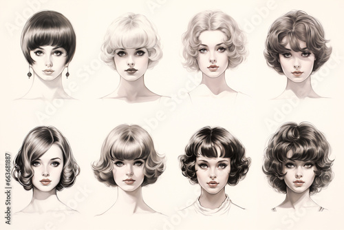 Pencil sketch drawing with collection of wigs, vintage style.