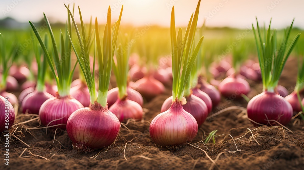Onions grow in the field. Bulbs are visible from the ground - obrazy, fototapety, plakaty 
