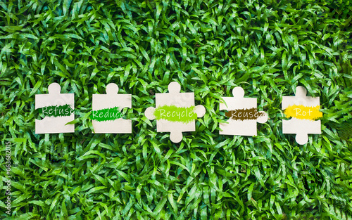 Recycle, reuse, reduce, reject, repair and rot. Improvement concept for higher or similar quality, letters and jigsaw puzzles placed on the grass