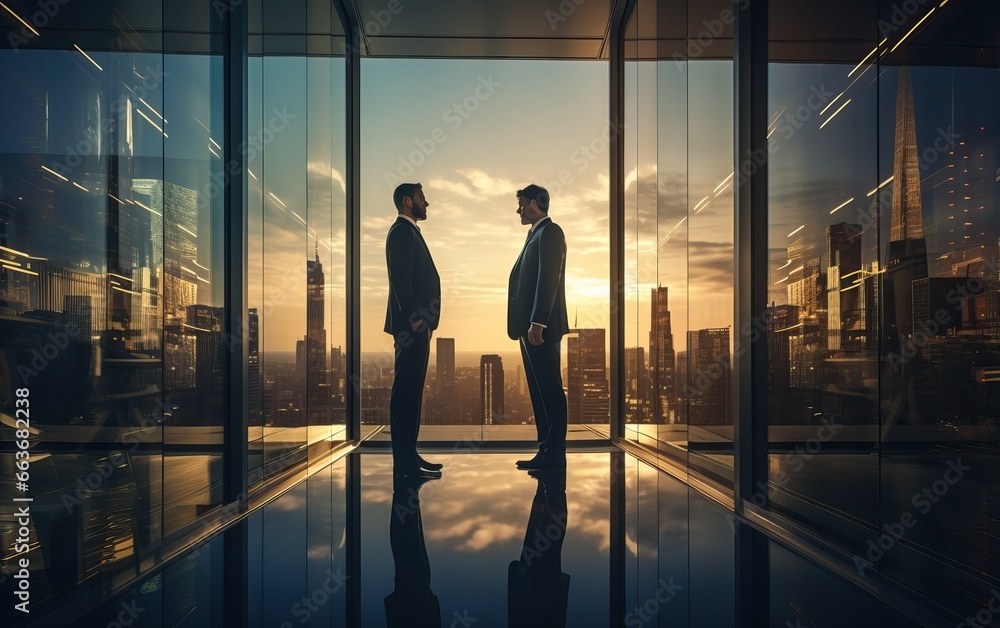 Portrait of two serious businessmen partners dressed in formal suit