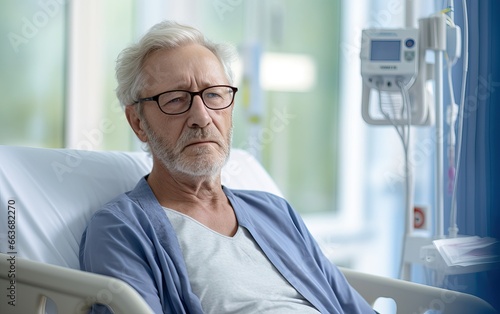 Thoughtful senior male patient in hospital bed in ward room photo