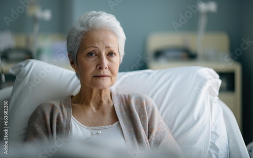 Senior sad woman wearing headscarf  suffering from bone cancer sitting alone at a hospital