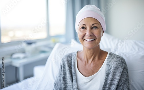 Senior sad woman wearing headscarf, suffering from bone cancer sitting alone at a hospital photo