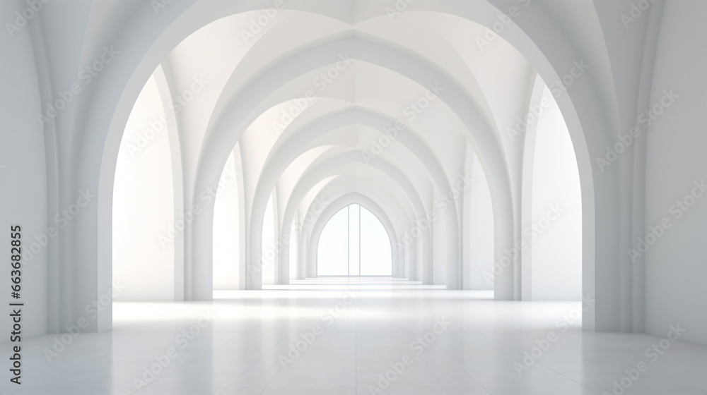 View of empty white room with arch design and golden - obrazy, fototapety, plakaty 