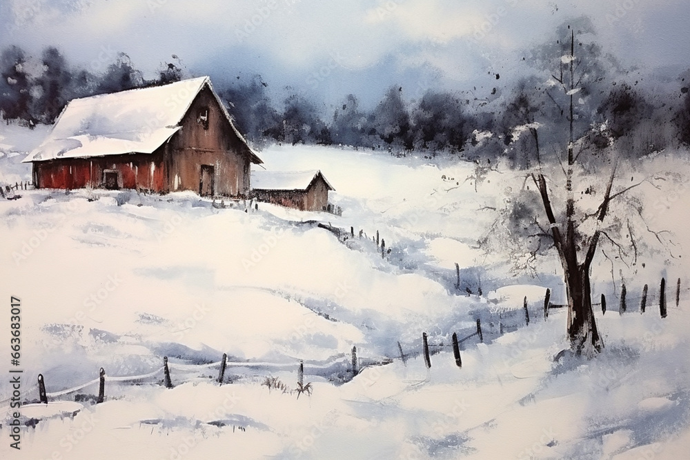 Winter's Embrace: An Original Oil Painting Depicting the Serenity of a Snow-Covered Barn in a Majestic Landscape