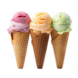 Delicious set of Cone Ice Creams with a variety of flavor. Food and Desserts Photography. Ai generative.