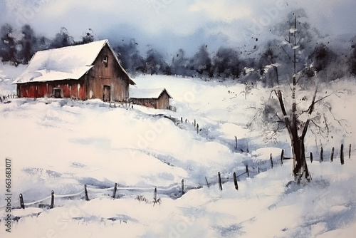 Winter's Embrace: An Original Oil Painting Depicting the Serenity of a Snow-Covered Barn in a Majestic Landscape © AbstractHeisenberg