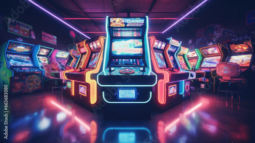 Neon-lit retro arcade games in a cyber lounge photo