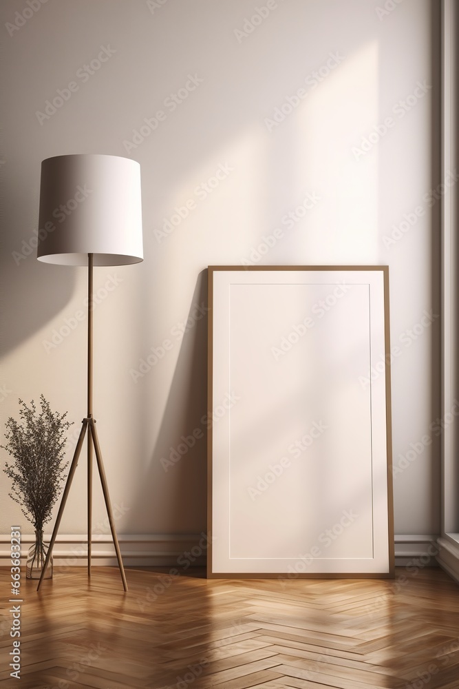 A blank picture frame sitting on a wooden floor next to a lamp on a white wall. The picture frame is white and has a wooden frame. The lamp is white and has a white shade.