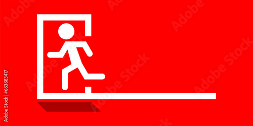 White escape emergency exit icon on red background flat vector design